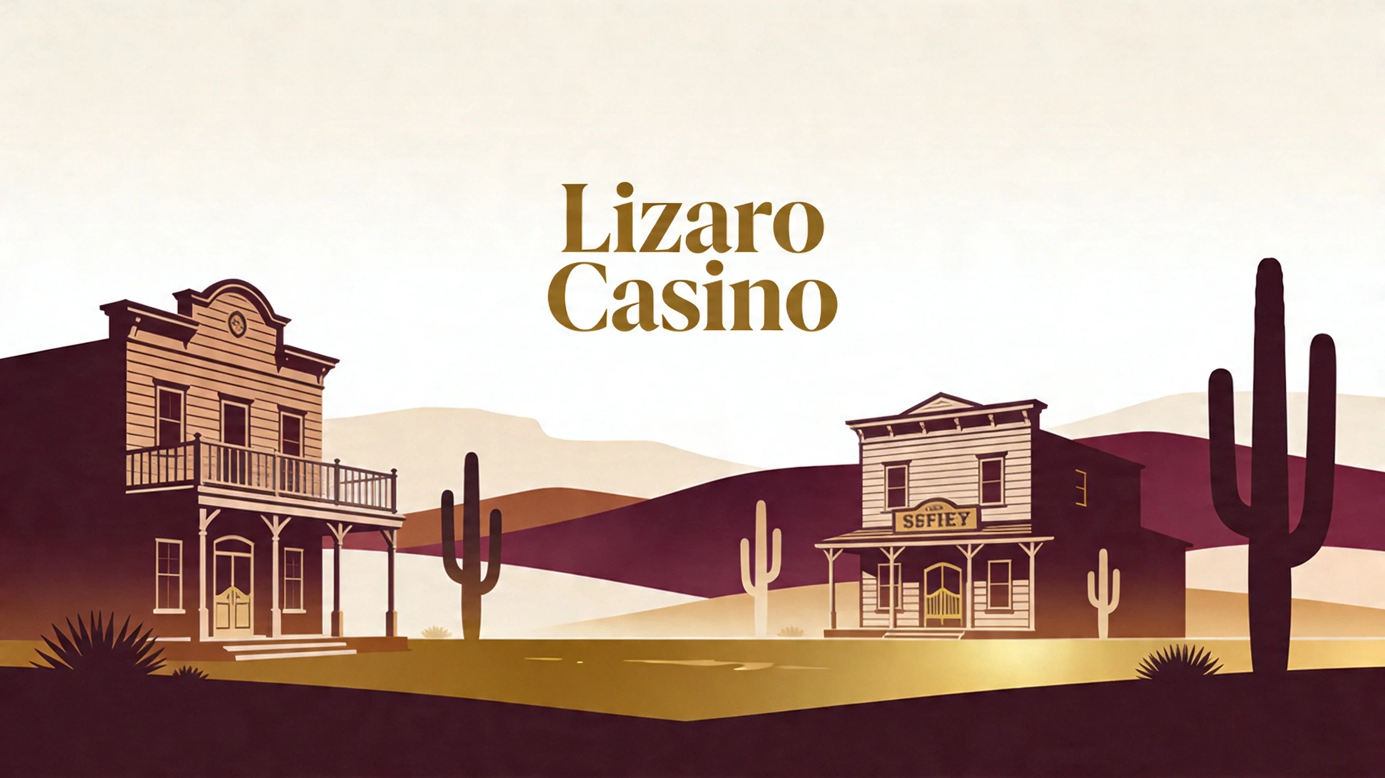 Paysage Western stylisé avec silhouettes de bâtiments et cactus sous un ciel discret