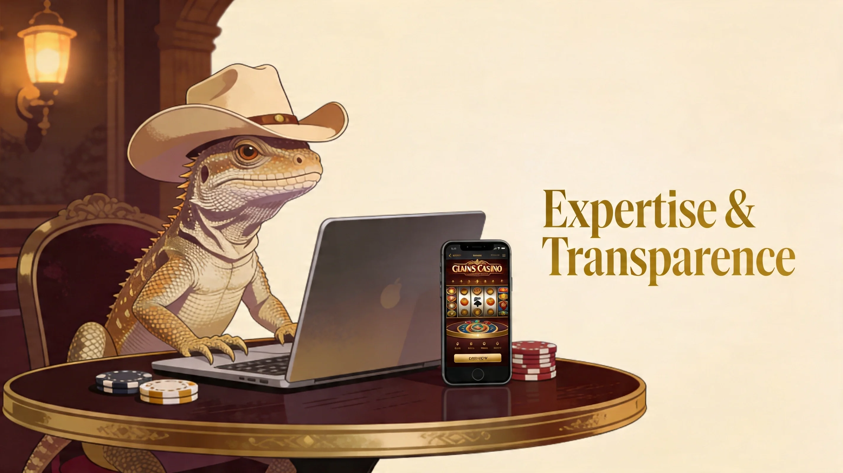 Lézard cowboy élégant jouant au casino en ligne sur ordinateur et mobile dans un univers Western moderne