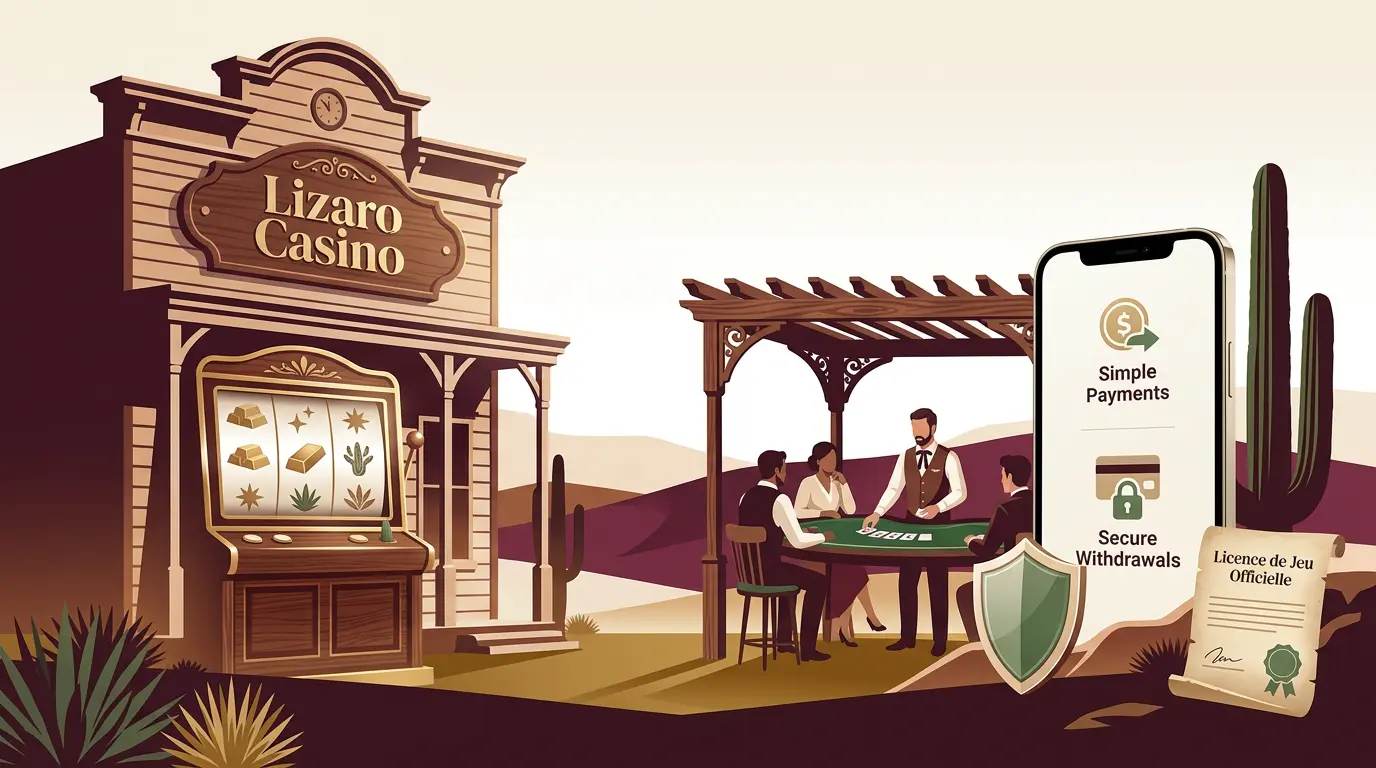 Univers de jeux de casino en ligne avec machines à sous, live casino, paiements et sécurité dans un style Western premium