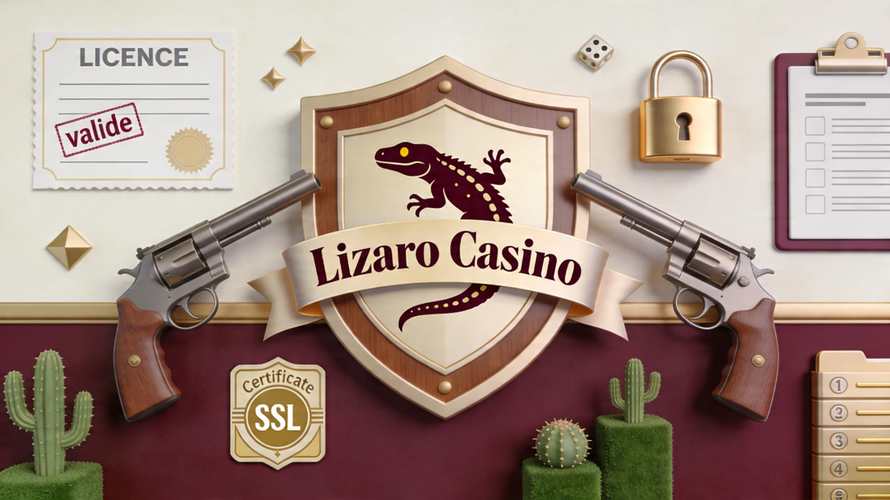 Bouclier de sécurité, document de licence et données protégées dans un univers casino premium